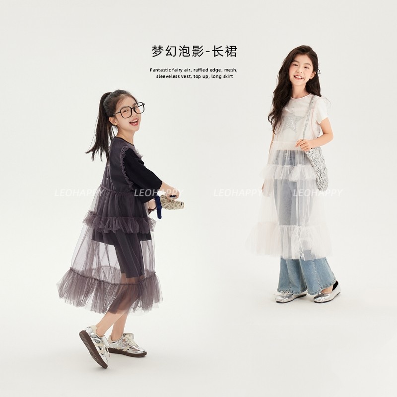 leobaby女童连衣裙夏季新款儿童网纱外搭背心罩衫裙大童洋气裙子