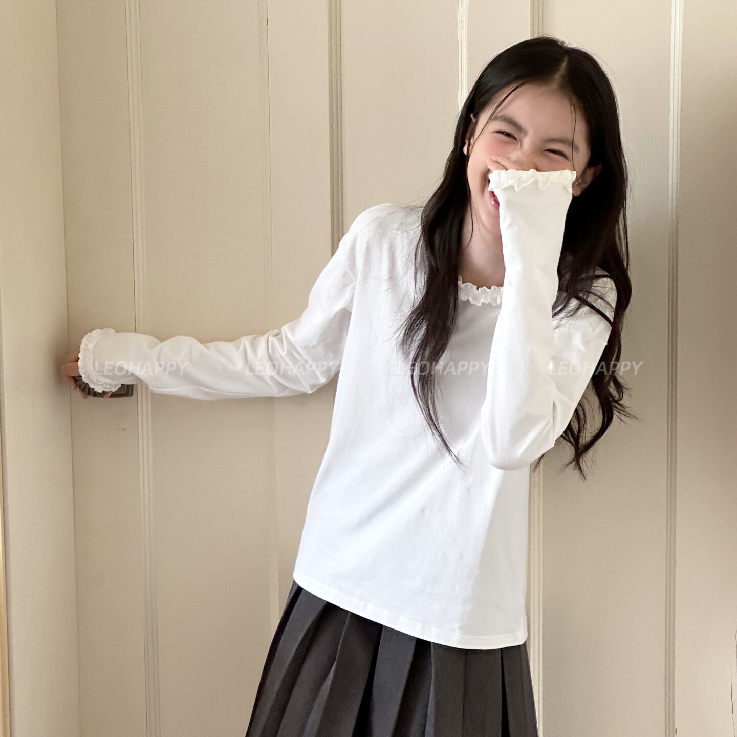LEOHAPPY女童长袖t恤2026新款儿童白色打底衫花边圆领中大童上衣图片