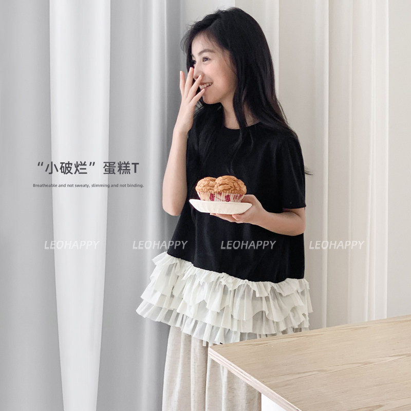 LEOHAPPY女童短袖t恤夏季新款儿童t恤半袖拼接蛋糕荷叶边亲子上衣