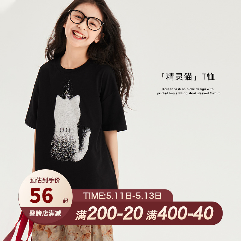 leobaby女童短袖t恤精灵猫韩版时尚小众设计感印花宽松短袖T恤26