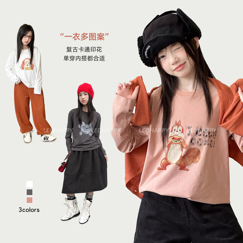 LEOHAPPY女童长袖t恤2026新款儿童打底衫卡通印花中大童百搭上衣