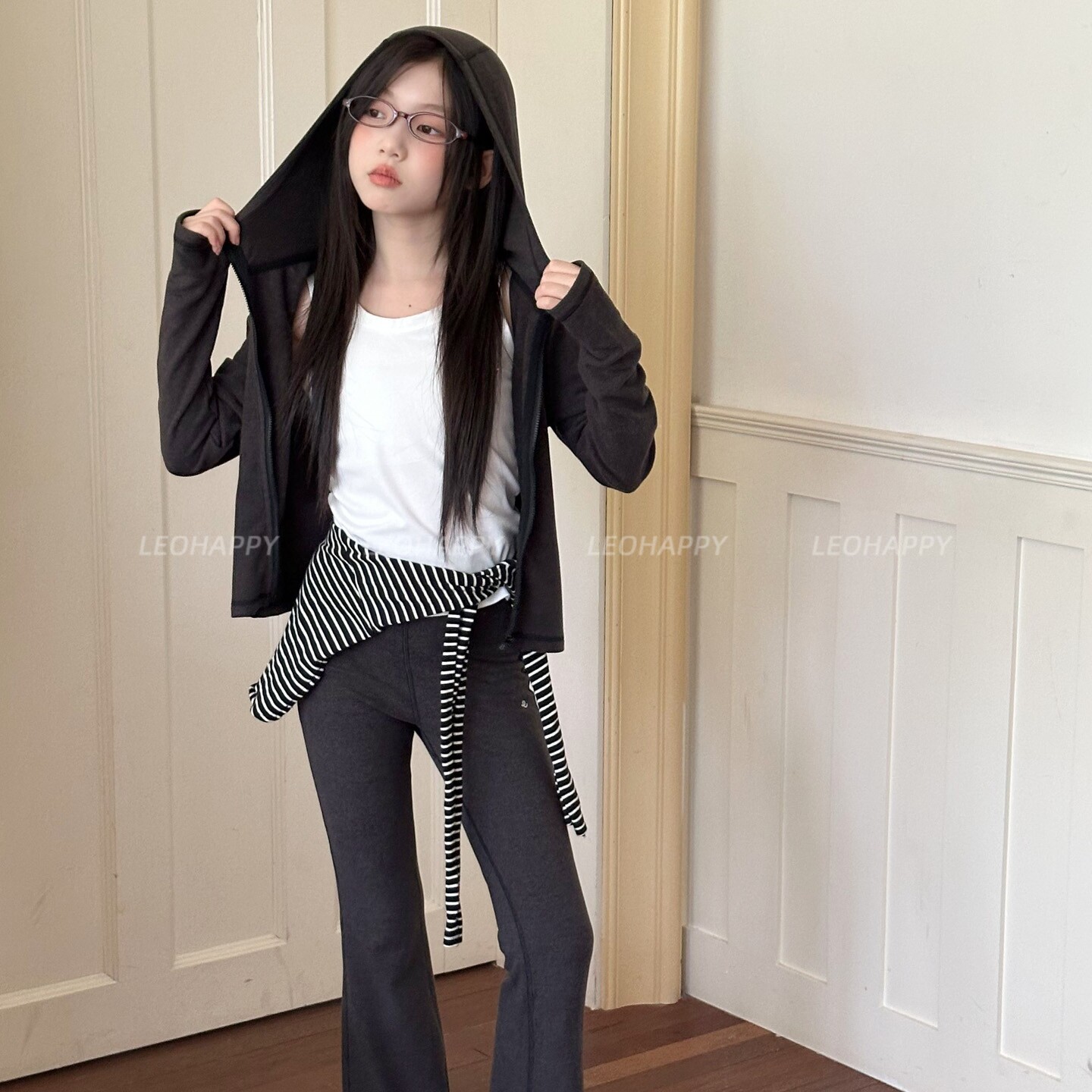 LEOHAPPY女童套装秋款儿童开衫外套暖冬绒大童喇叭裤亲子两件套图片
