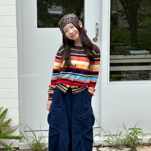 LEOHAPPY女童针织开衫2026新款儿童毛衣外套秋冬条纹亲子毛织上衣