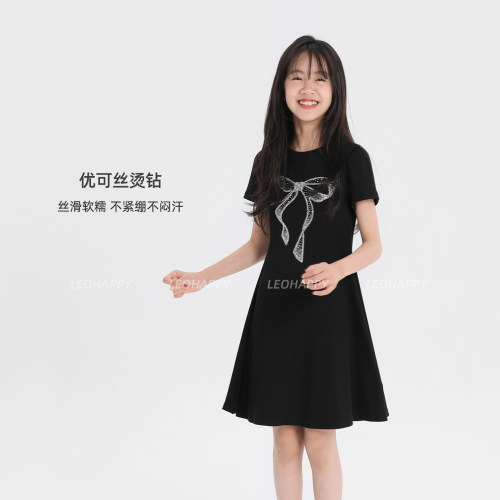 LEOHAPPY女童连衣裙夏季儿童短袖t恤优可丝烫钻中大童休闲百搭裙