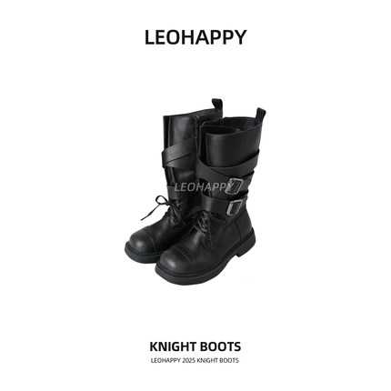 LEOHAPPY女童马丁靴2025秋冬款儿童中筒靴金属扣绑带英伦风长筒靴