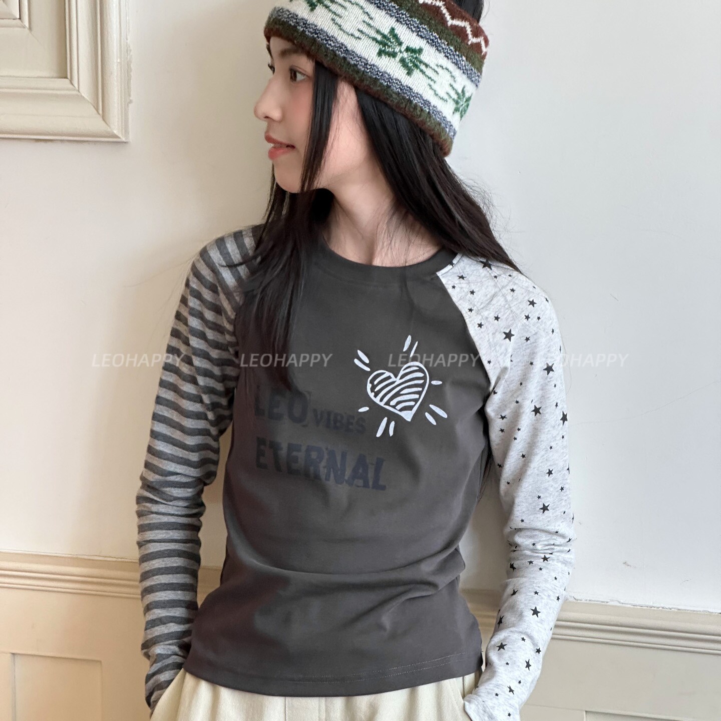LEOHAPPY女童长袖t恤2026新款儿童打底衫撞色印花中大童百搭上衣图片
