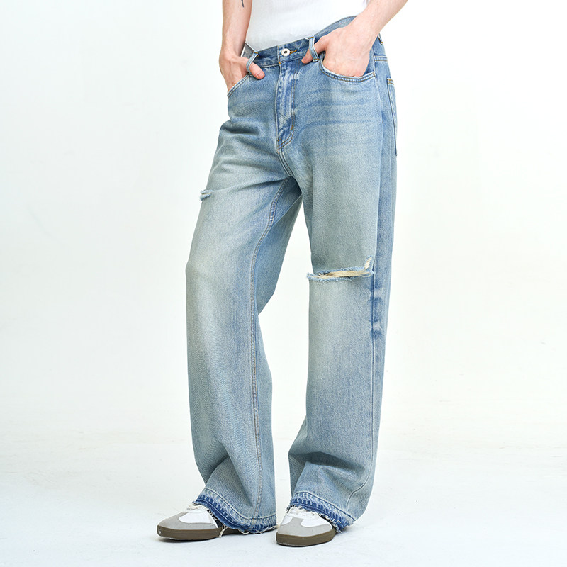 超柔手感水洗破洞毛边牛仔直筒裤