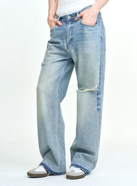 LEONSENSE力上司 超柔垂坠破洞牛仔裤宽松直筒浅蓝色做旧毛边百搭