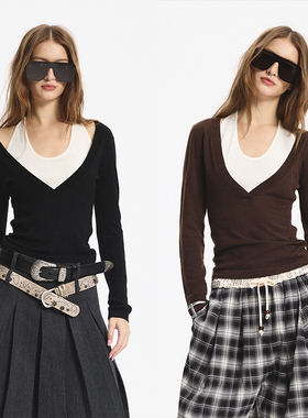 LEONSENSE力上司 挂脖假两件针织衫 亲肤羊毛微弹撞色深V长袖打底