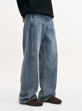 LEONSENSE力上司 高支棉双翻褶冰蓝水洗高腰显瘦阔腿弯刀牛仔裤