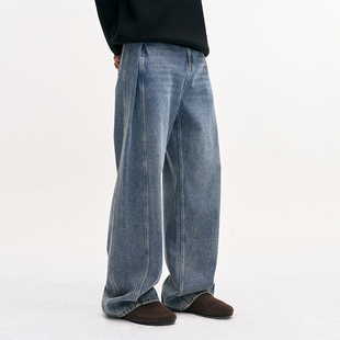 LEONSENSE力上司 高支棉双翻褶冰蓝水洗高腰显瘦阔腿弯刀牛仔裤