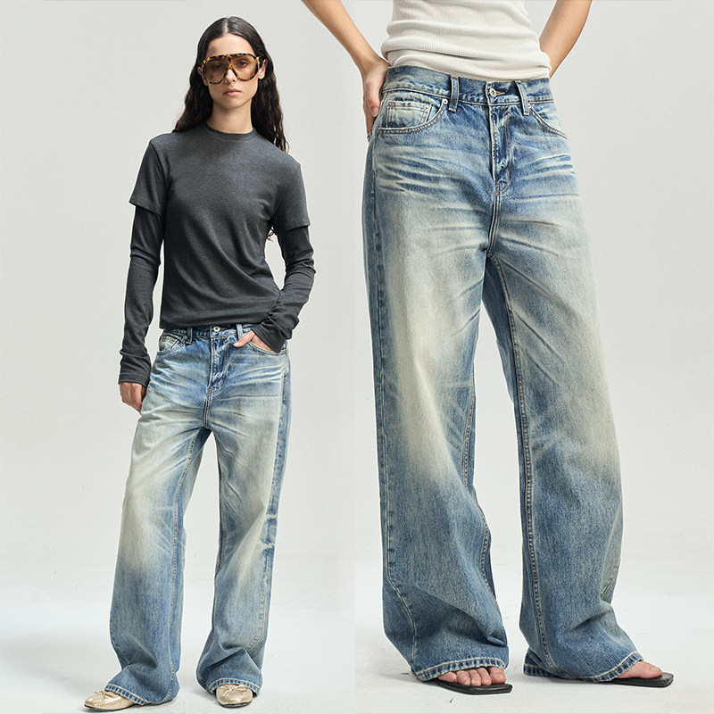 做旧水洗雪花微喇直筒牛仔长裤
