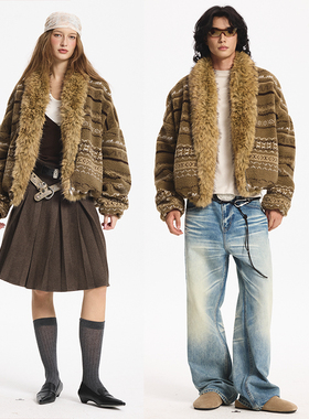 LEONSENSE力上司 复古费尔岛羊羔绒外套可拆毛领花苞型加绒夹克冬