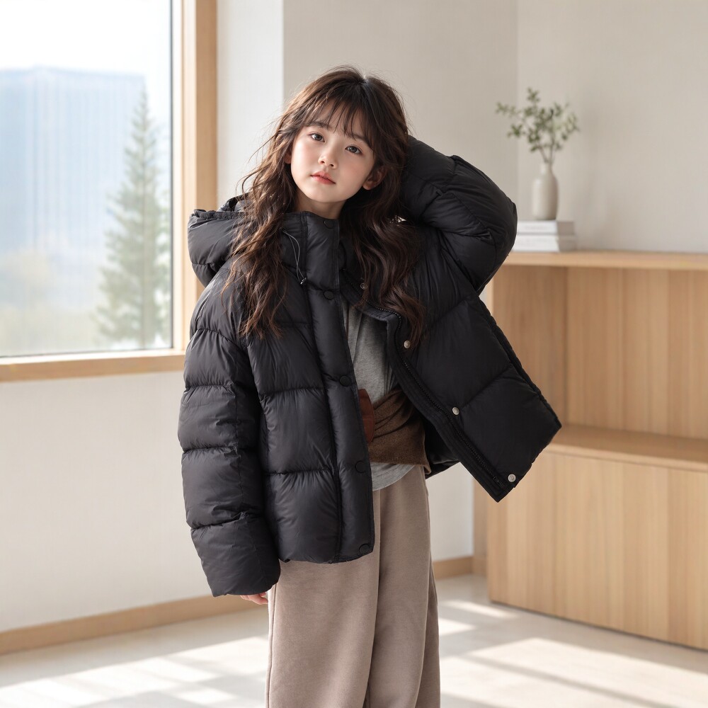 M抽绳2026新款冬季儿童羽绒服中大童90白鸭绒宽松女童休闲外套