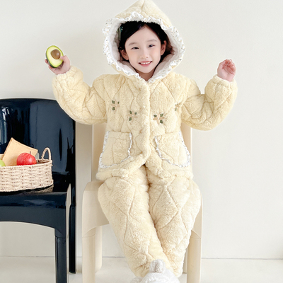 儿童连帽三层夹棉睡衣套装