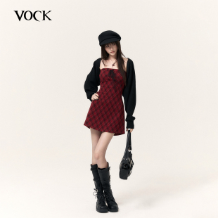 VOCK 反叛甜心 复古格纹抹胸连衣裙开衫两件套装修身短款针织坎肩