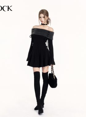 VOCK 冬季恋歌 暗黑辣妹秋冬新年修身毛衣裙露肩长袖内搭连衣裙子