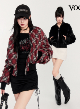 VOCK 摇滚序章 正反两穿设计感格纹加厚毛绒保暖短款显瘦辣妹外套