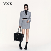VOCK a字半裙子 羊毛呢子短西装 亚麻蓝 复古时髦高智感千鸟格套装