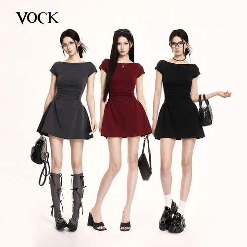 VOCK 显瘦力荐 法式气质船领收腰挖袋连衣裙直角肩收腰显瘦短裙子