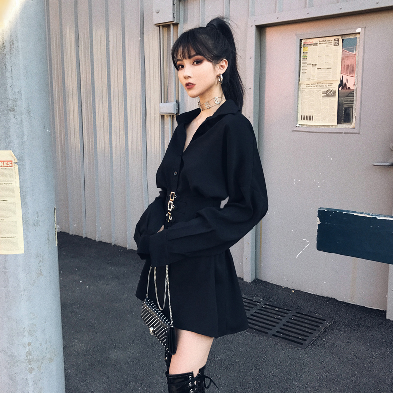 ◤VOCK◢原创设计 两穿法 巨显瘦!金属扣腰封衬衫女秋冬暗黑风