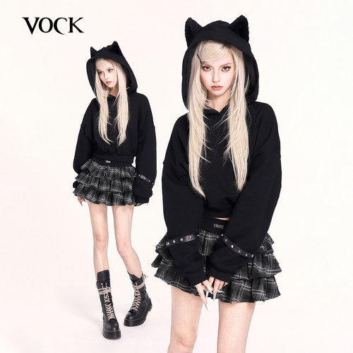 VOCK 黑猫日记 暗黑日系宅萌感少女可爱毛绒猫耳短款加绒连帽卫衣