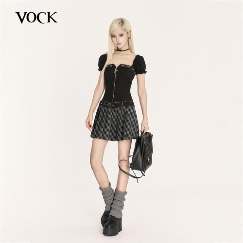 VOCK 辣妹纪元 日系暗黑少女格纹百褶裙一字肩抹胸收腰显瘦连衣裙