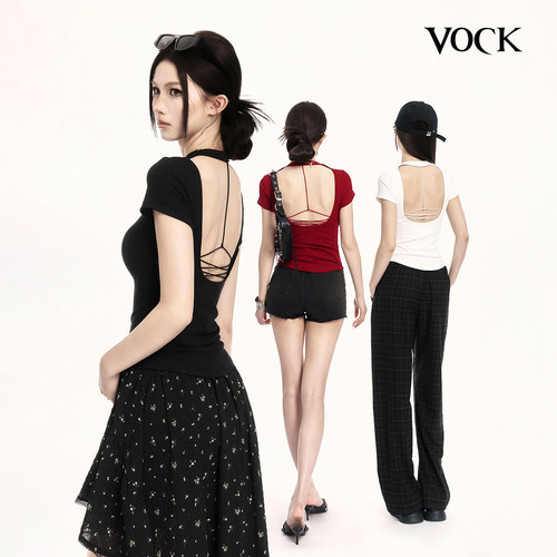 VOCK 热辣一夏 辣妹性感度假露背绑带短T恤收腰显瘦正肩短袖上衣