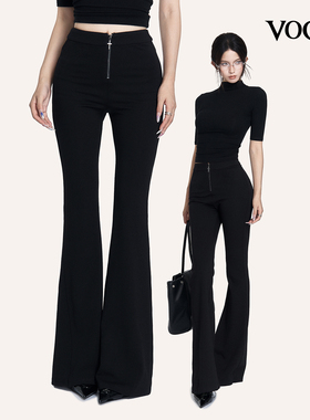 VOCK 逆天腿杀 黑色辣妹休闲十字架拉链微弹修身巨显瘦喇叭长裤子
