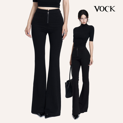 VOCK 逆天腿杀 黑色辣妹休闲十字架拉链微弹修身巨显瘦喇叭长裤子