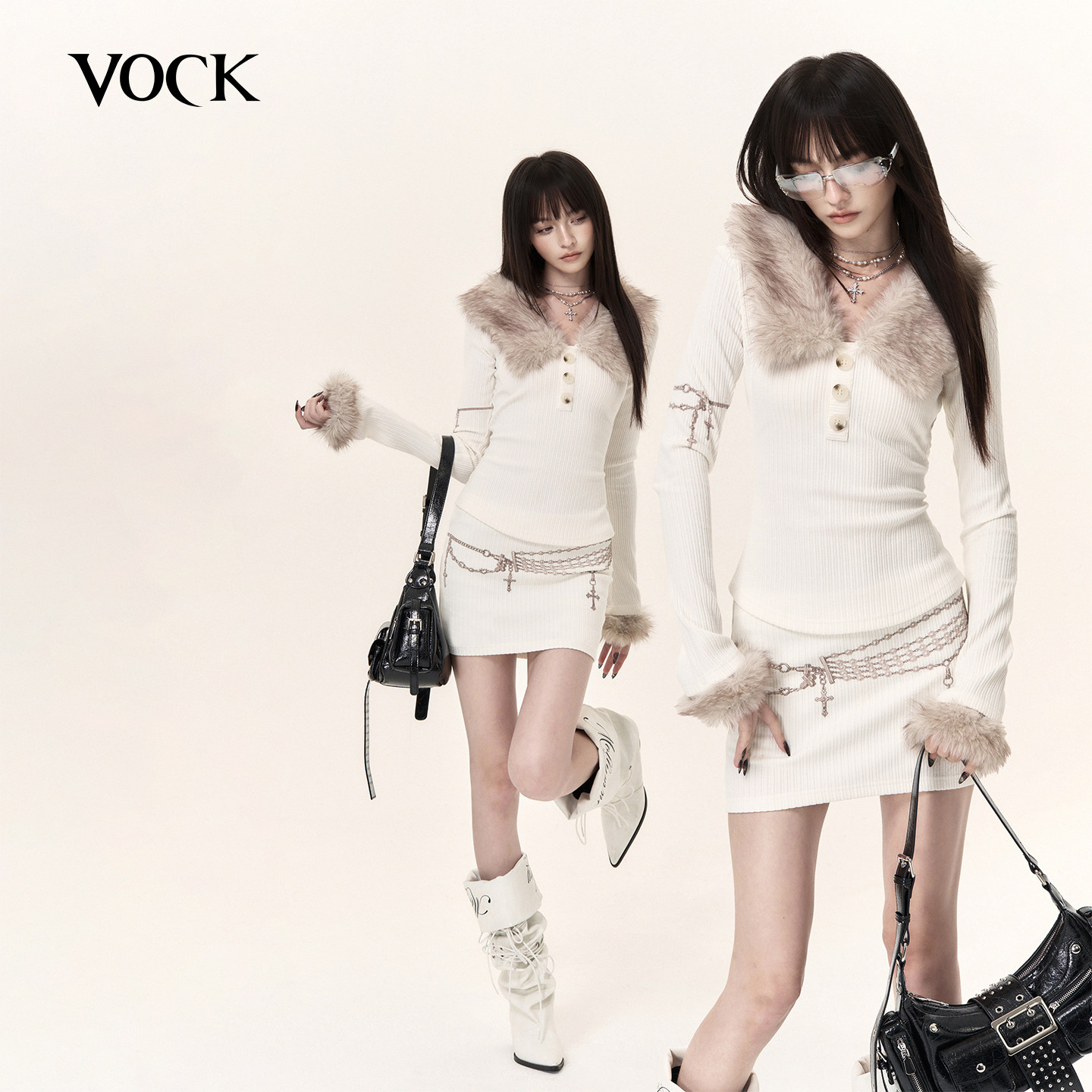 VOCK 辣妹领域 白色万圣巴洛克印花两件套装毛领针织衫上衣包臀裙