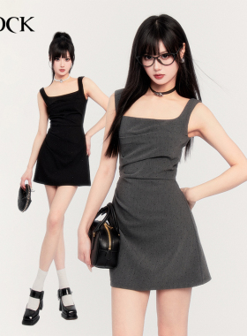 VOCK 学院千金 法式复古Miu系高知气质精致风方领烫钻吊带连衣裙