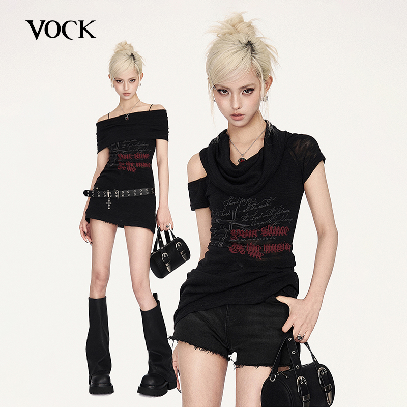 VOCK 涩谷辣妹 摇滚流浪风小众亚文化印花一字肩微透内搭上衣T恤