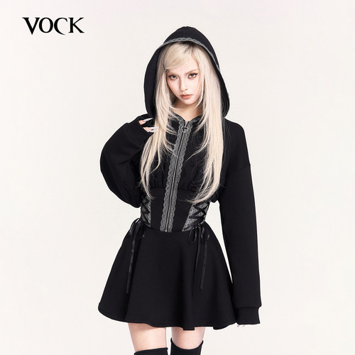 VOCK 月夜誓约 暗黑魔女加绒长袖连帽卫衣裙小个子收腰显瘦连衣裙