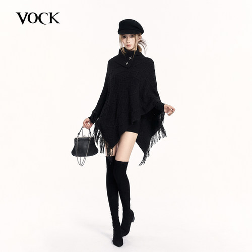 VOCK 古早辣妹 暗黑色不规则设计感针织披肩斗篷高领毛衣秋冬外套
