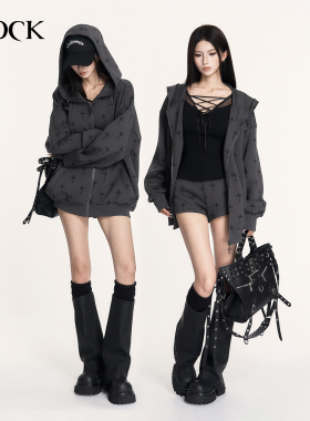 VOCK 街头随拍 休闲慵懒运动风辣妹连帽卫衣外套阔腿短裤两件套装