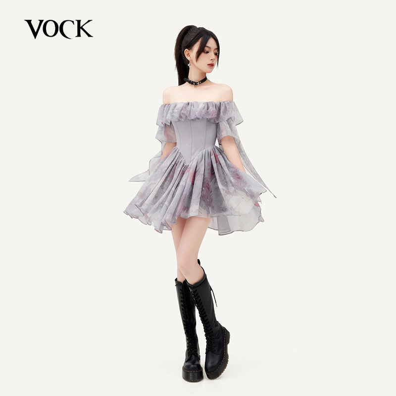 VOCK 魂牵梦绕 高级感浪漫绝美油画感一字肩腰封连衣裙生日小礼