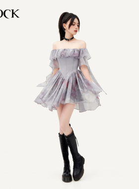 VOCK 魂牵梦绕 高级感浪漫绝美油画感一字肩腰封连衣裙生日小礼裙