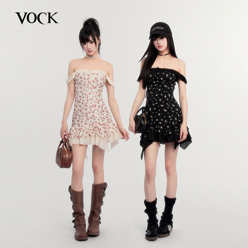 VOCK 南法情书 法式少女度假拼接假两件不规则碎花连衣裙2025新款