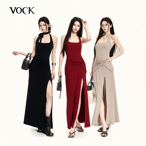 VOCK 人间尤物 气质高级感无袖挂脖裙针织连衣裙修身显瘦露背长裙