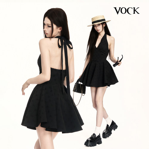 VOCK 茶歇庄园 法式复古黑色镂空蕾丝挂脖连衣裙收腰显瘦吊带短裙