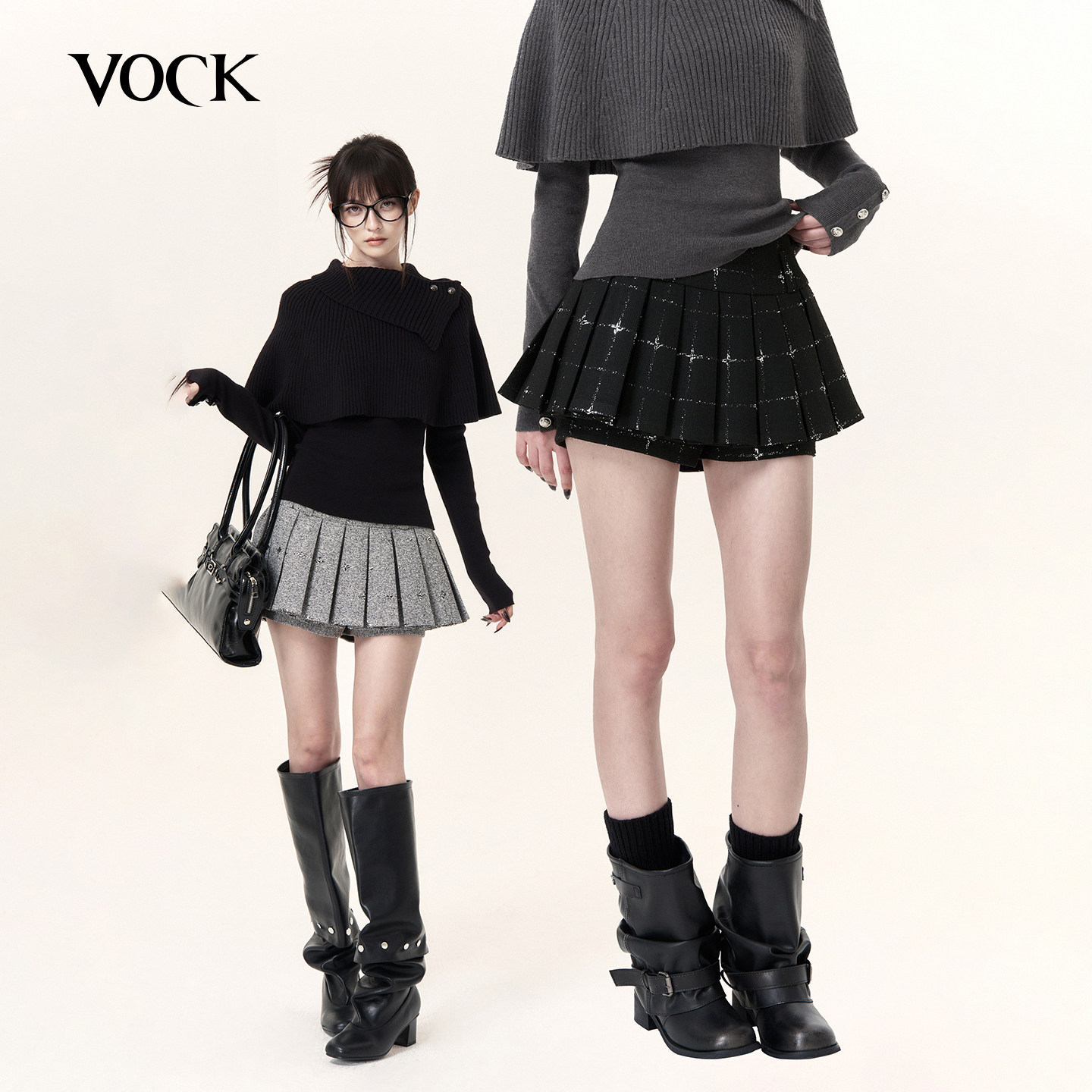 VOCK 裙摆周刊 小香格纹百褶裤裙复古学院少女细闪低腰a字短半裙
