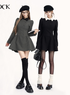 VOCK Miu系艺术生 复古千金学院长袖假两件收腰显瘦蓬蓬裙连衣裙
