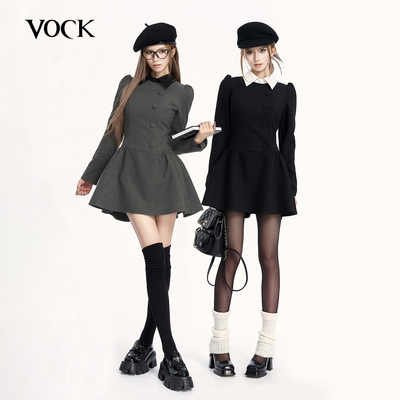 VOCK Miu系艺术生 复古千金学院长袖假两件收腰显瘦蓬蓬裙连衣裙