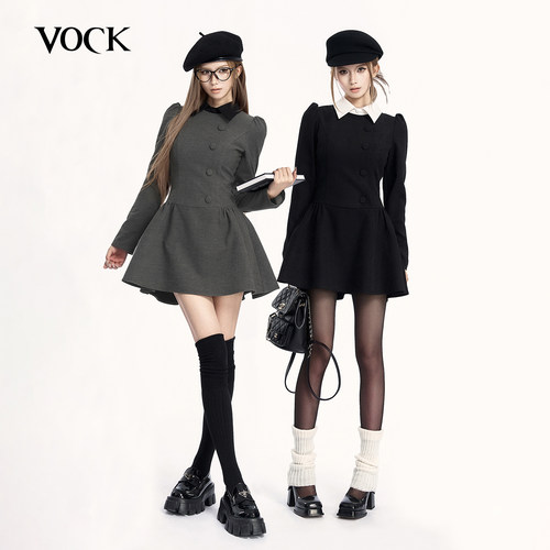 VOCK Miu系艺术生 复古千金学院长袖假两件收腰显瘦蓬蓬裙连衣裙