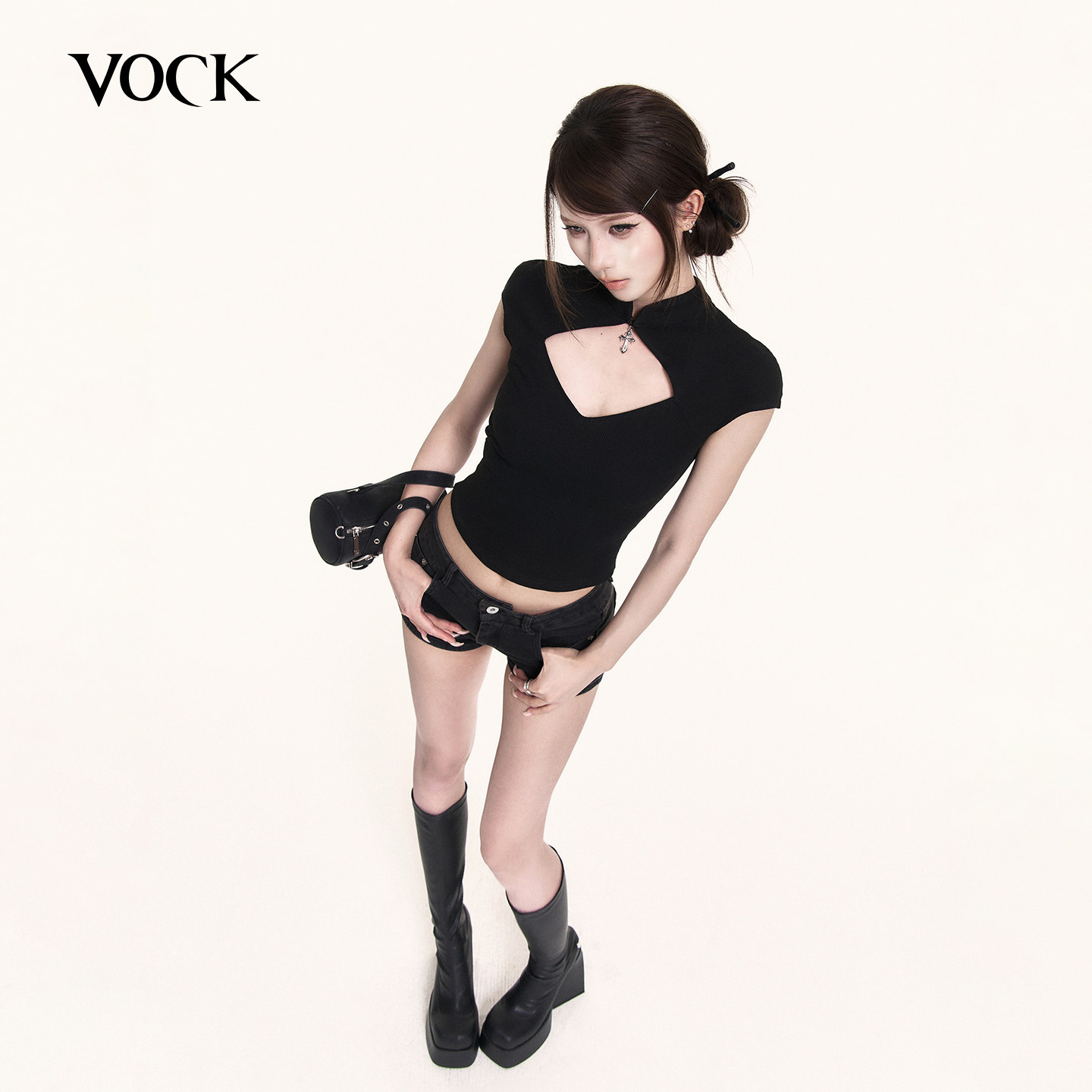 VOCK 暗黑新中式 中华娘立领镂空十字架修身短袖T恤辣妹短款上衣