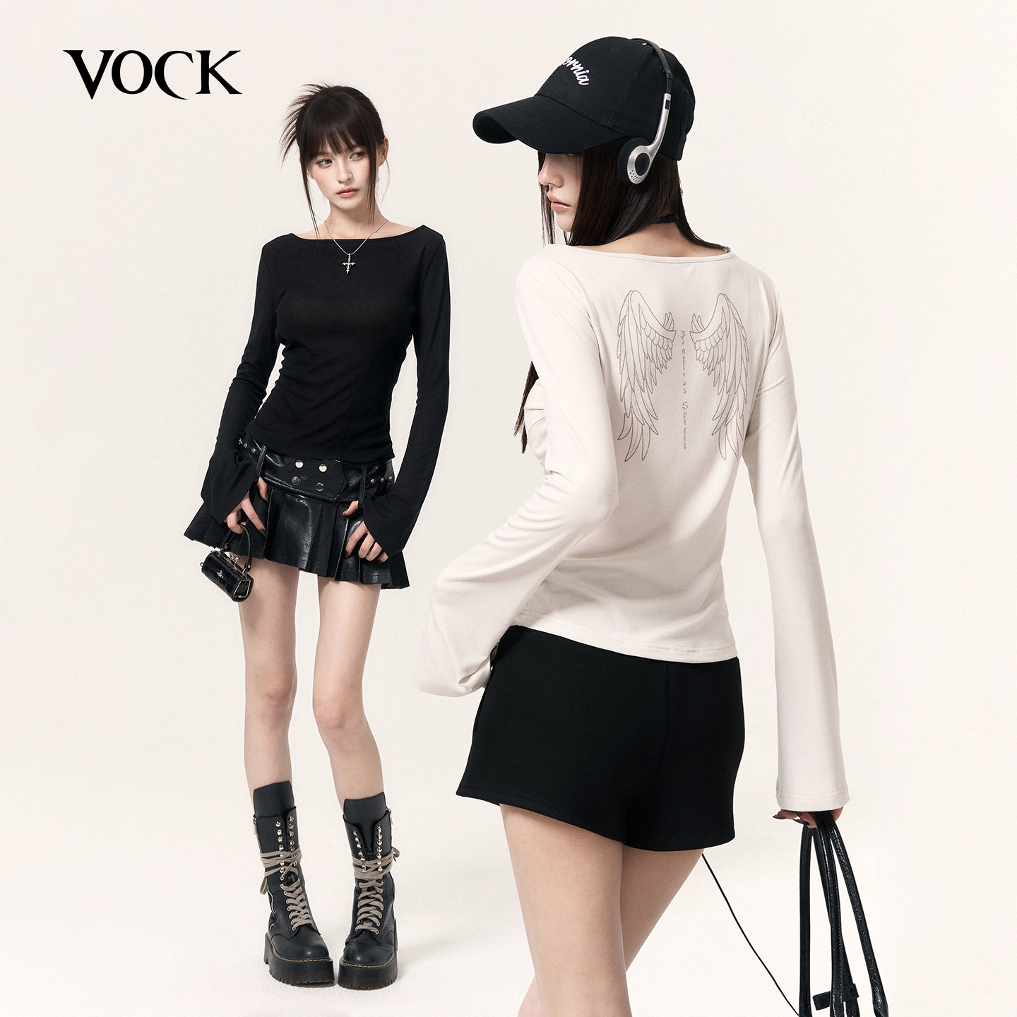 VOCK 天使羽翼 美式街头休闲印花长袖T恤辣妹显瘦内搭打底衫上衣