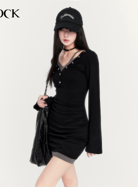 VOCK 调性进阶 假两件V领收腰显瘦长袖包臀内搭打底裙连衣裙辣妹