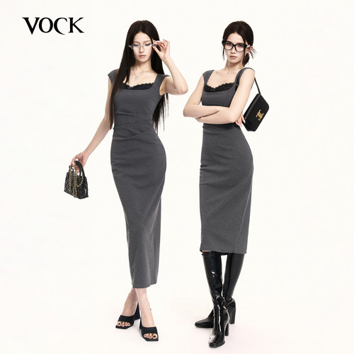 VOCK 智性美学 法式复古优雅气质收腰显瘦长裙子高智感方领连衣裙