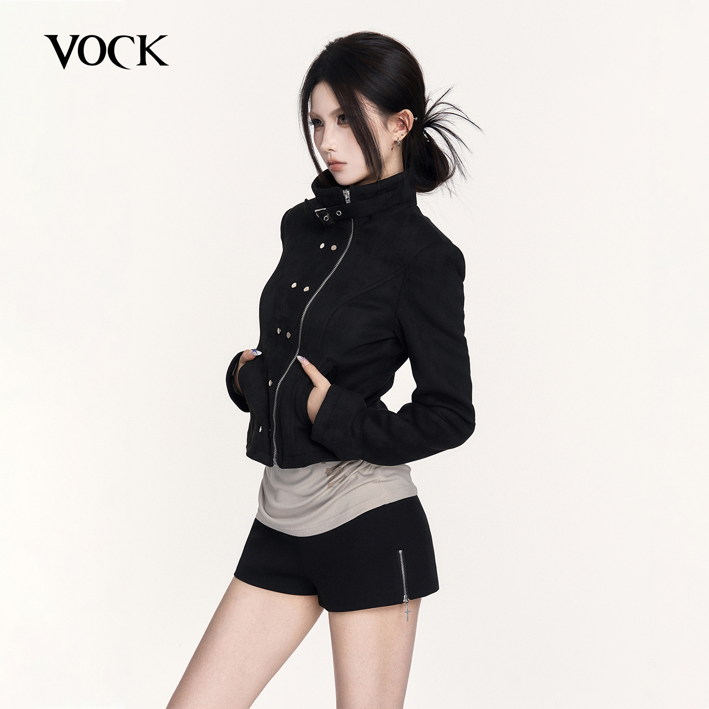 VOCK 显瘦标配 暗黑辣妹麂皮机车服修身收腰立领皮夹克短款外套女